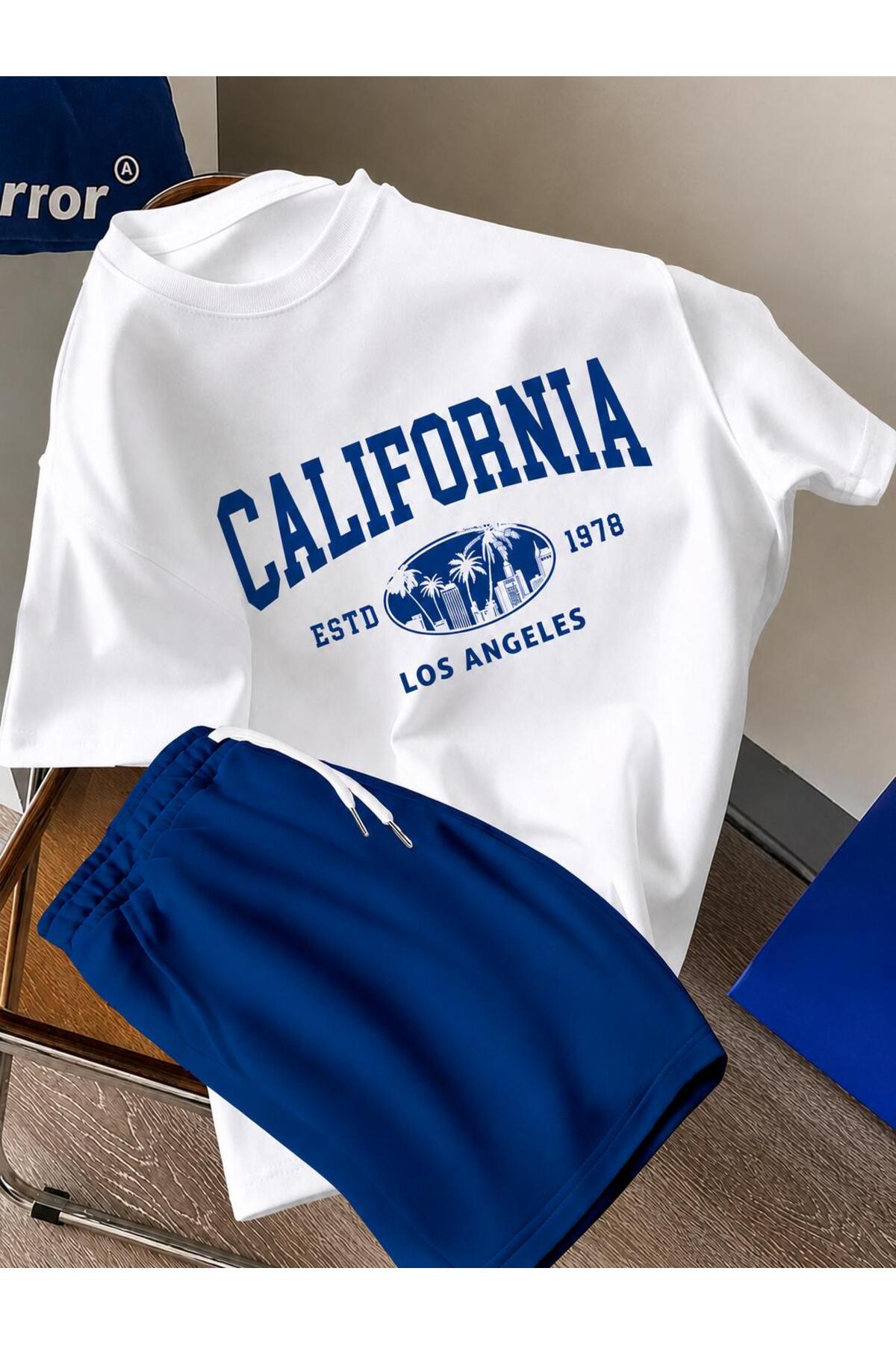 Saks Mavisi Şort Ve Beyaz California Basklı Tişört Alt Üst Takım