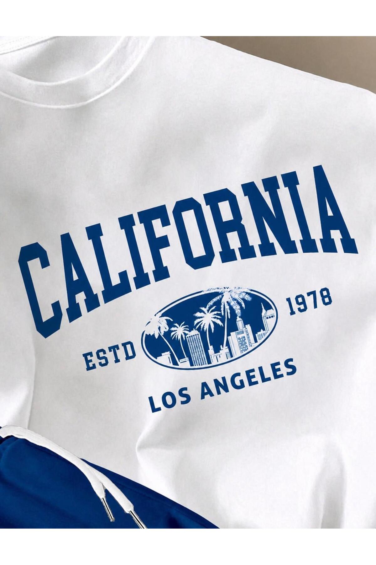 Saks Mavisi Şort Ve Beyaz California Basklı Tişört Alt Üst Takım