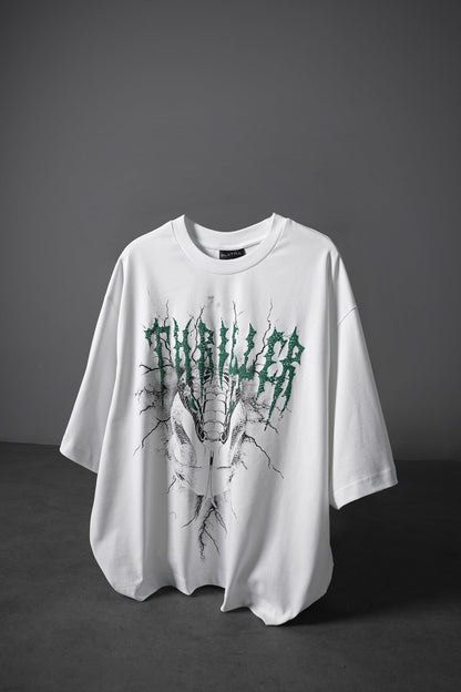 Erkek Beyaz Thriller Kabartma Baskılı Box Fit Tshirt