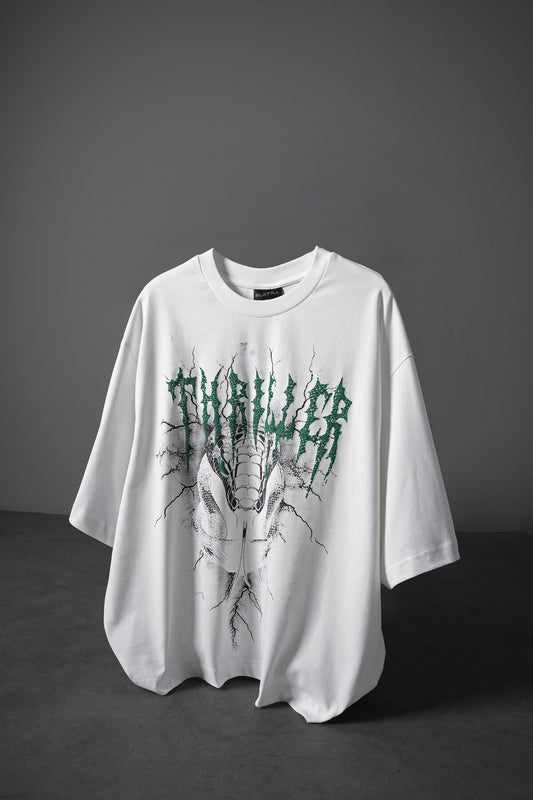 Erkek Beyaz Thriller Kabartma Baskılı Box Fit Tshirt