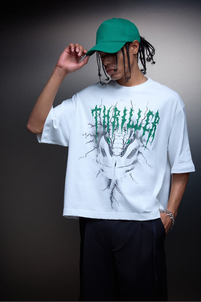 Erkek Beyaz Thriller Kabartma Baskılı Box Fit Tshirt