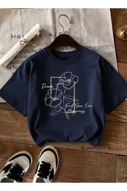 Kadın Çiçek Grafik Baskılı Bisiklet Yaka Lacivert T-shirt