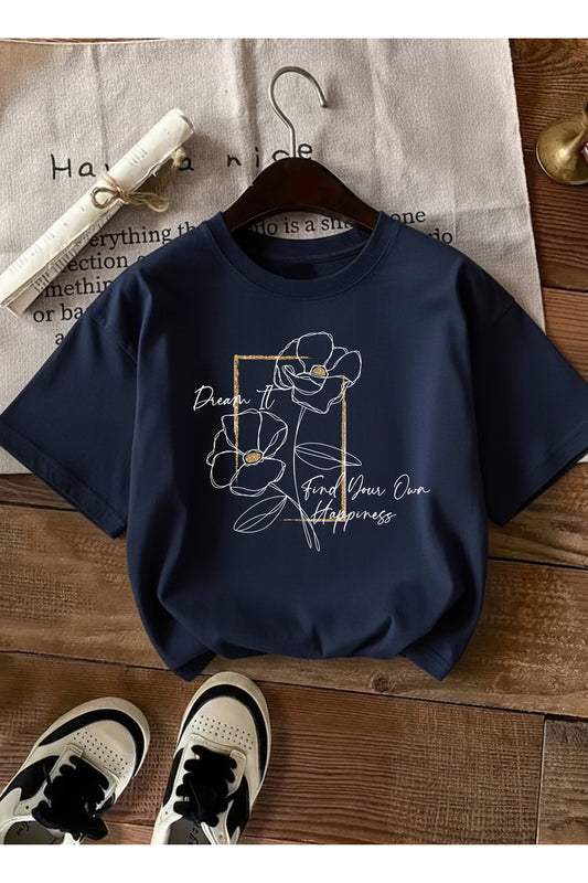 Kadın Çiçek Grafik Baskılı Bisiklet Yaka Lacivert T-shirt