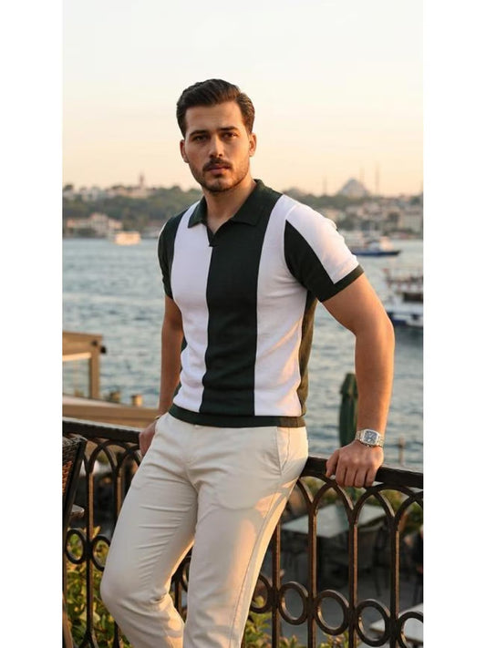 Erkek Kısa Kollu Polo Yakalı Blok Desenli Triko Bluz